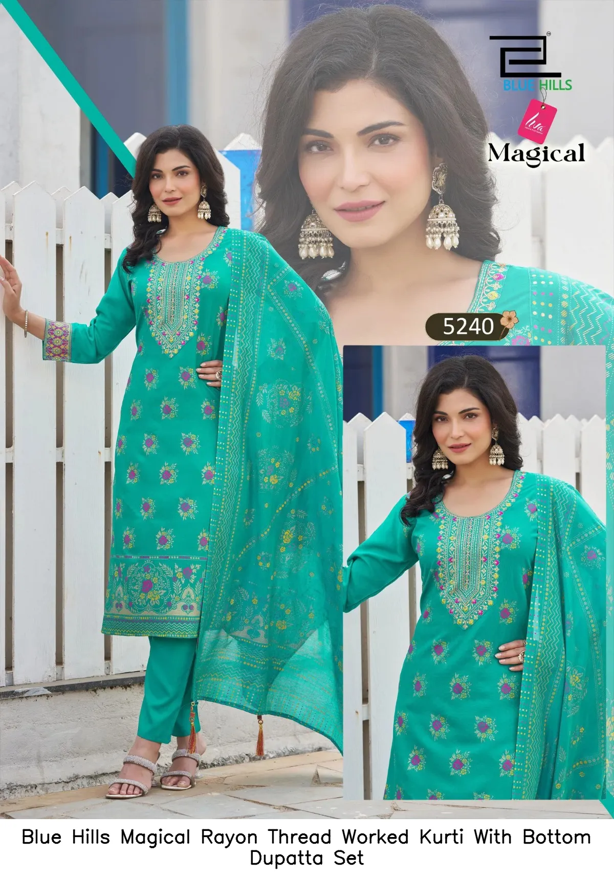 Blue Hills Magical Rayon Thread Worked Kurti With Bottom Dupatta Set — Wholesale Readymade Suit, Blue Hills wholesale from Surat — view 7