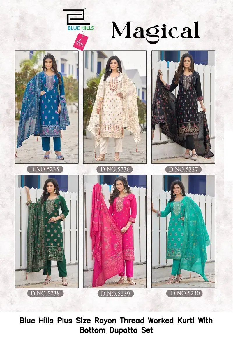 Blue Hills Plus Size Rayon Thread Worked Kurti With Bottom Dupatta Set — Wholesale Readymade Suit, Blue Hills wholesale from Surat - Gallery Image 2