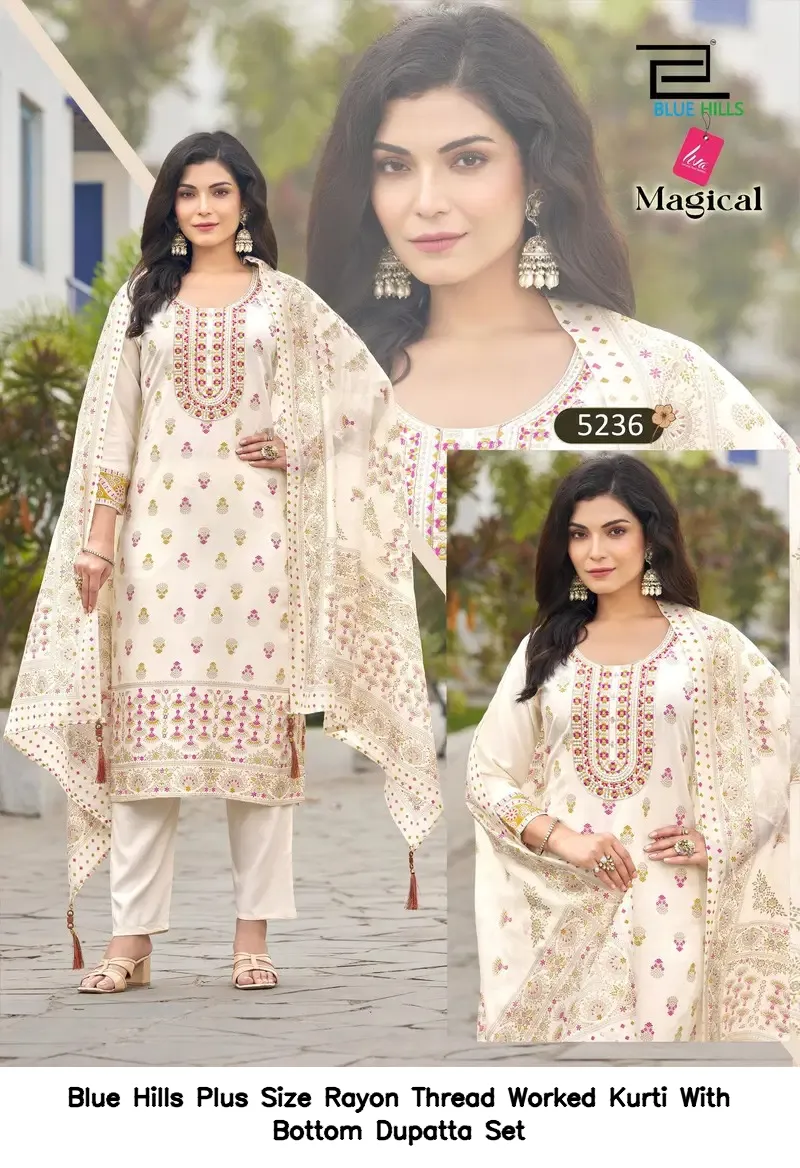 Blue Hills Plus Size Rayon Thread Worked Kurti With Bottom Dupatta Set — Wholesale Readymade Suit, Blue Hills wholesale from Surat - Gallery Image 3