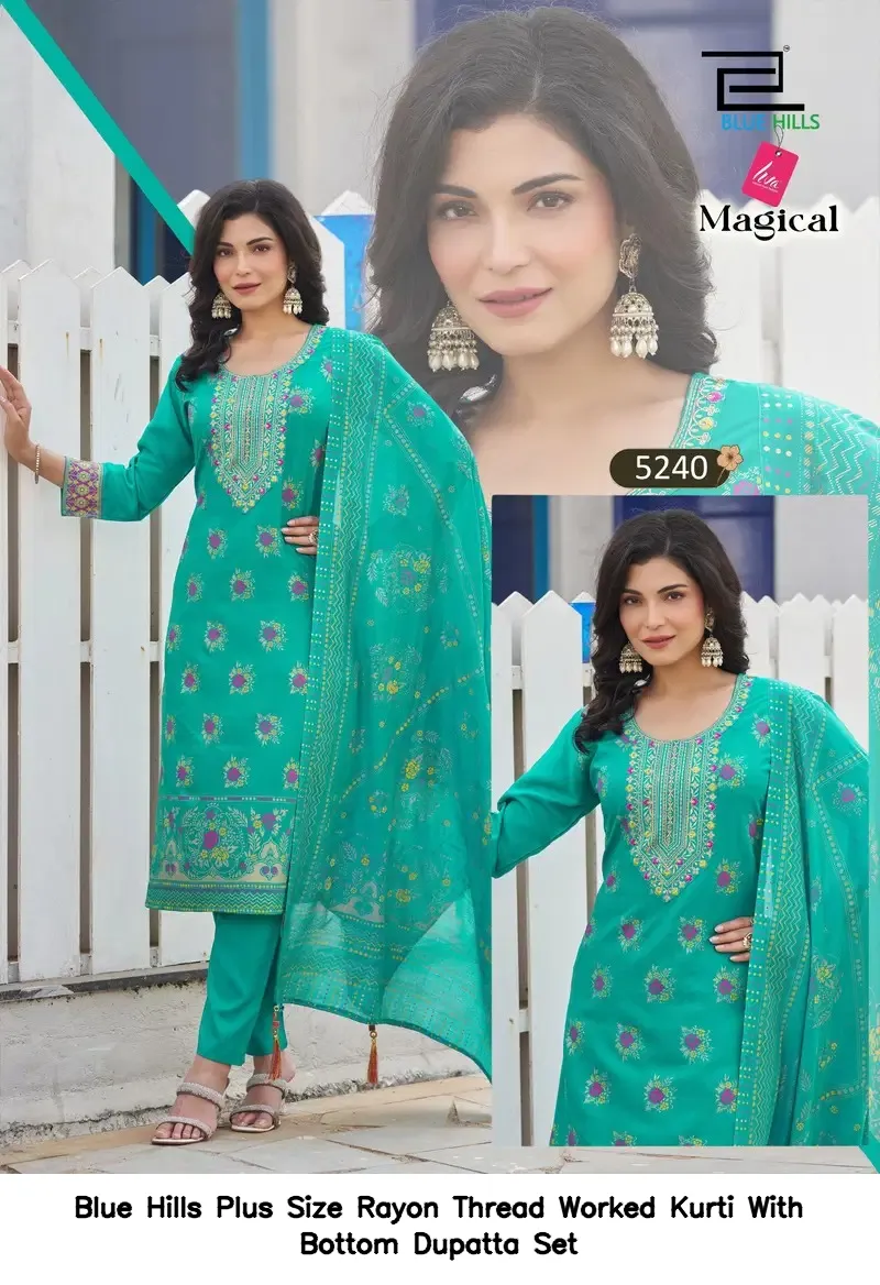 Blue Hills Plus Size Rayon Thread Worked Kurti With Bottom Dupatta Set — Wholesale Readymade Suit, Blue Hills wholesale from Surat - Gallery Image 4
