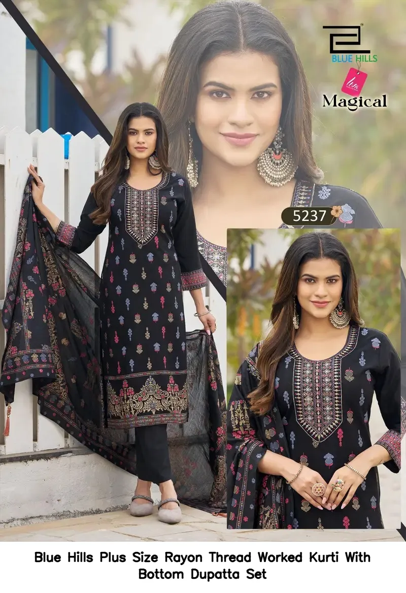 Blue Hills Plus Size Rayon Thread Worked Kurti With Bottom Dupatta Set — Wholesale Readymade Suit, Blue Hills wholesale from Surat - Gallery Image 5