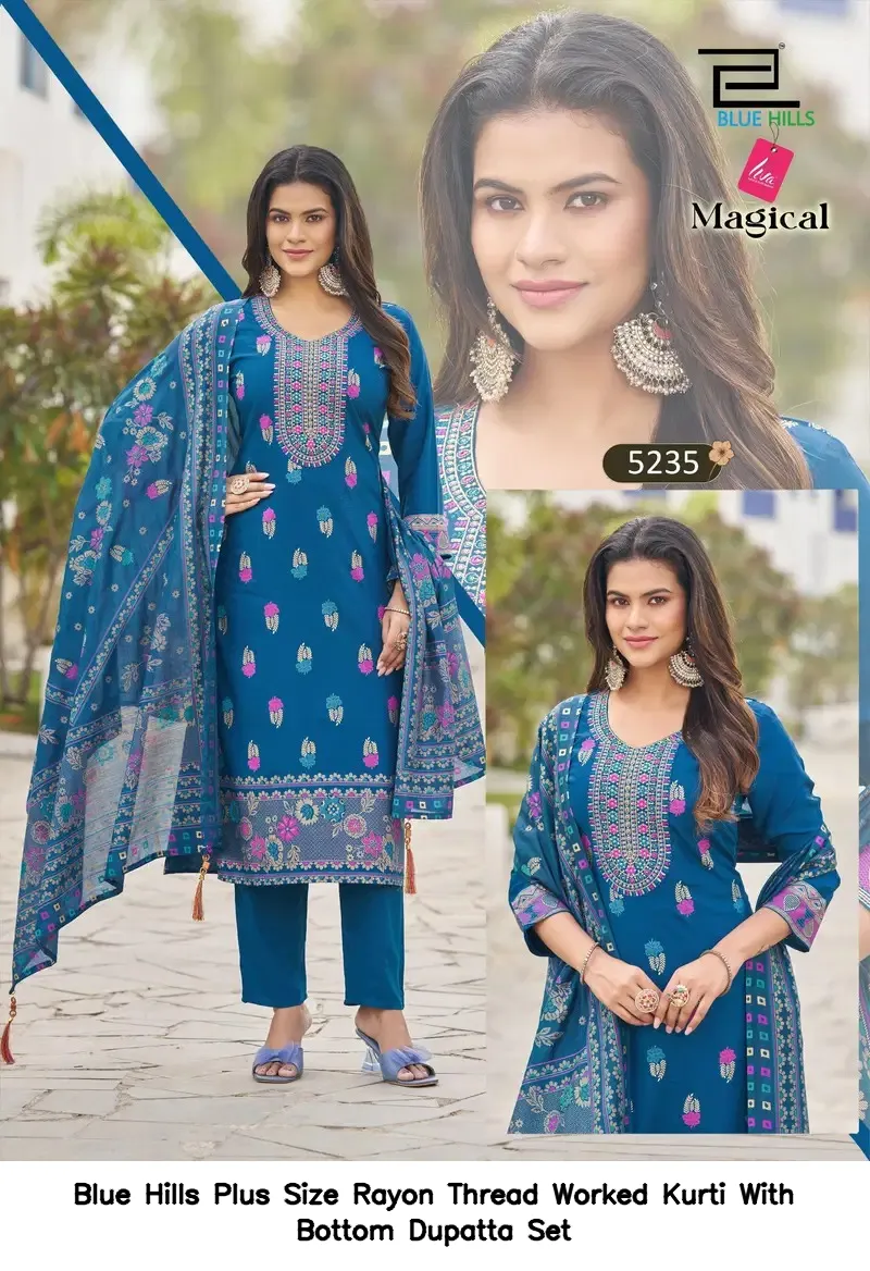Blue Hills Plus Size Rayon Thread Worked Kurti With Bottom Dupatta Set — Wholesale Readymade Suit, Blue Hills wholesale from Surat - Gallery Image 6
