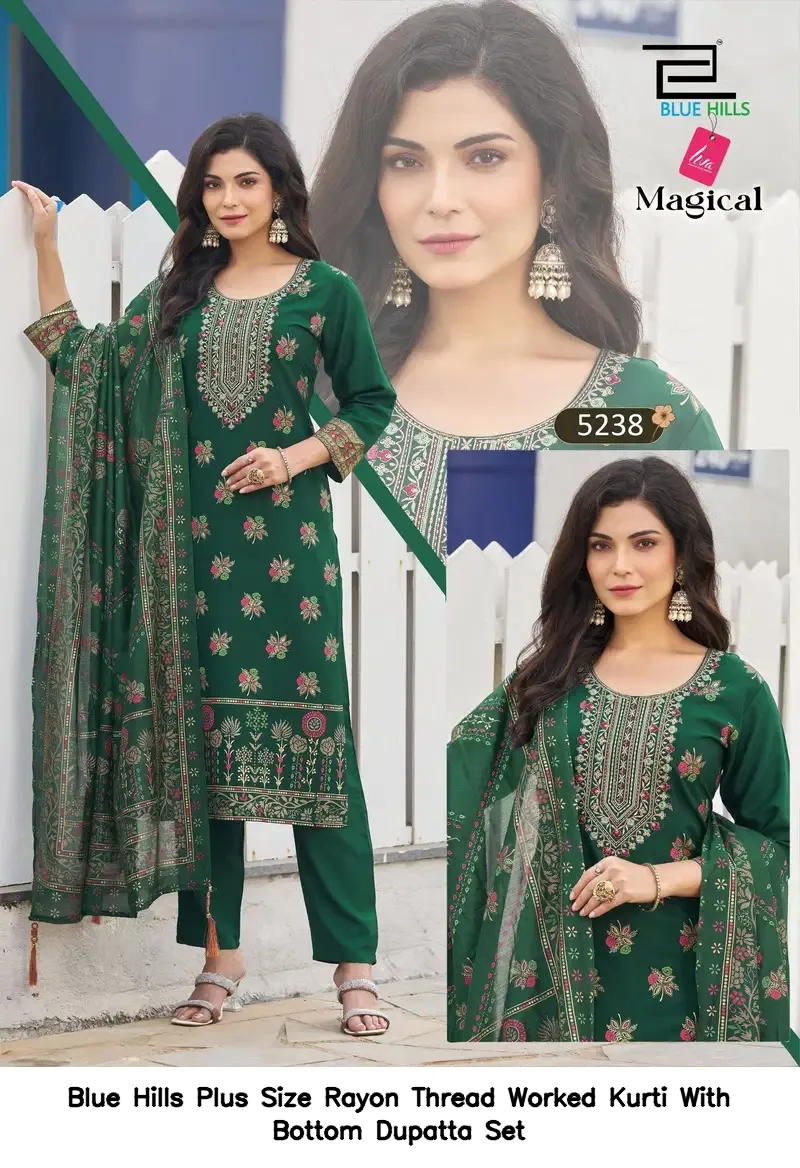 Blue Hills Plus Size Rayon Thread Worked Kurti With Bottom Dupatta Set — Wholesale Readymade Suit, Blue Hills wholesale from Surat — view 7