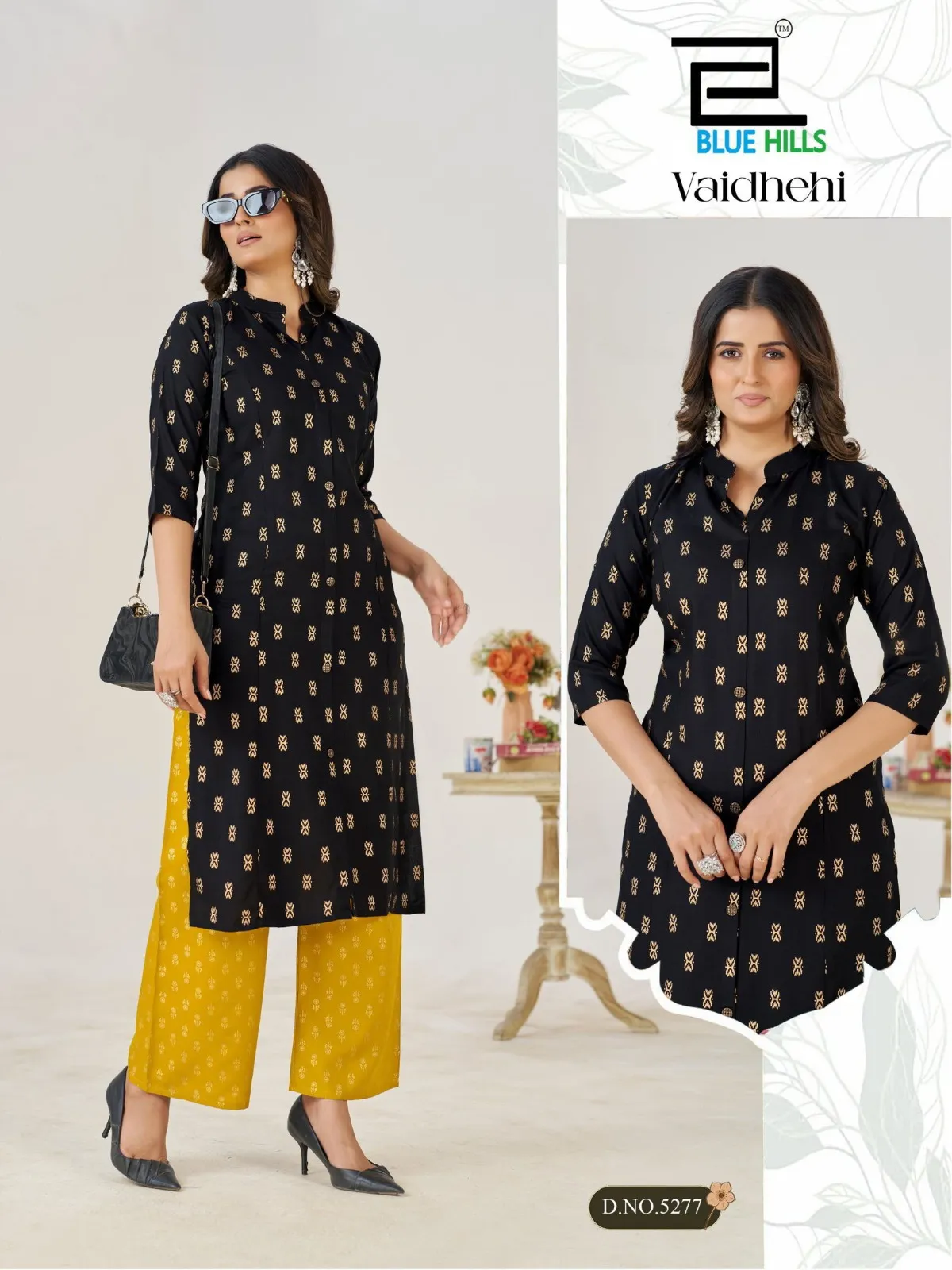 Blue Hills Vaidhehi Rayon Foil Printed Kurti With Bottom Set — Wholesale Cotton Kurti Pant Set, Blue Hills wholesale from Surat — view 1