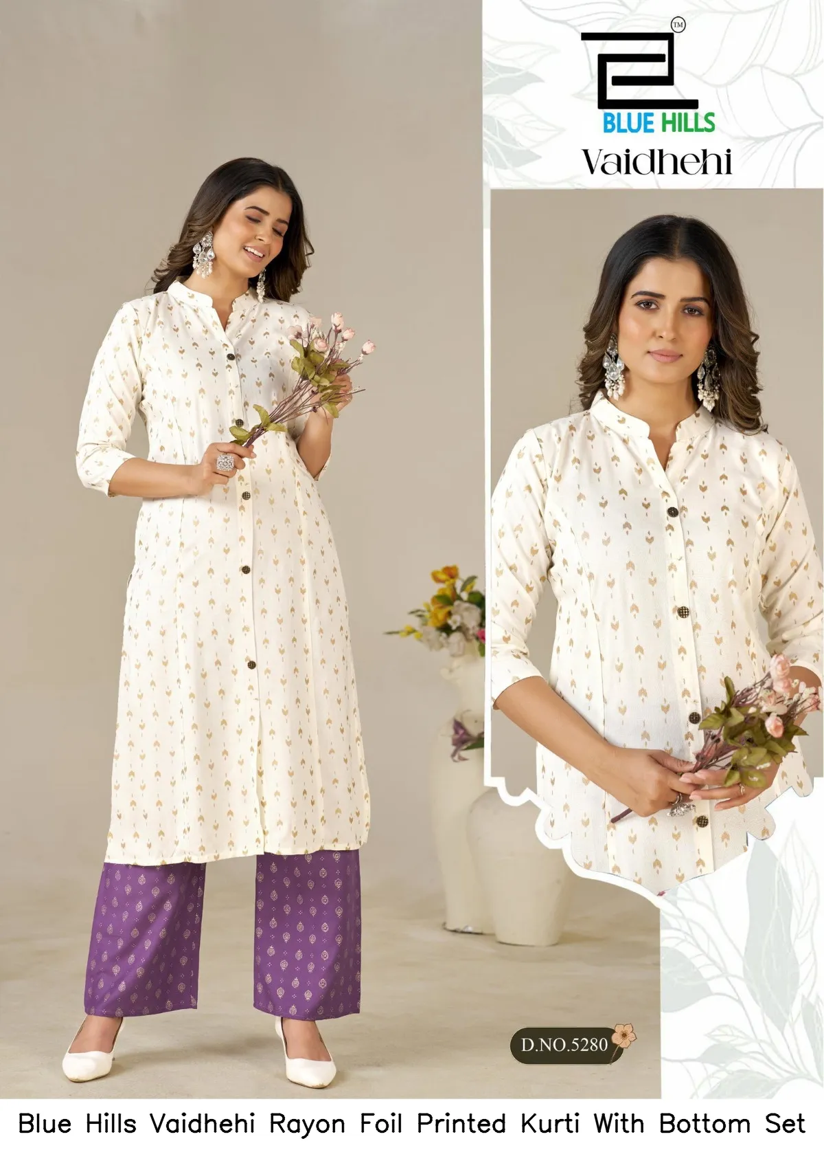 Blue Hills Vaidhehi Rayon Foil Printed Kurti With Bottom Set — Wholesale Cotton Kurti Pant Set, Blue Hills wholesale from Surat - Gallery Image 2