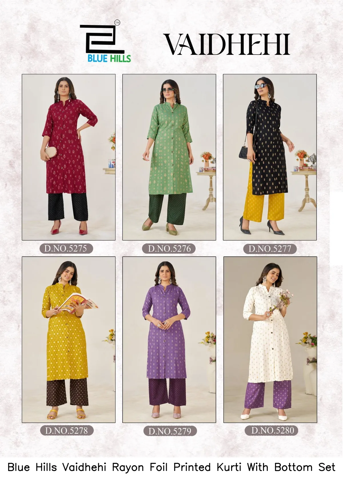 Blue Hills Vaidhehi Rayon Foil Printed Kurti With Bottom Set — Wholesale Cotton Kurti Pant Set, Blue Hills wholesale from Surat - Gallery Image 3
