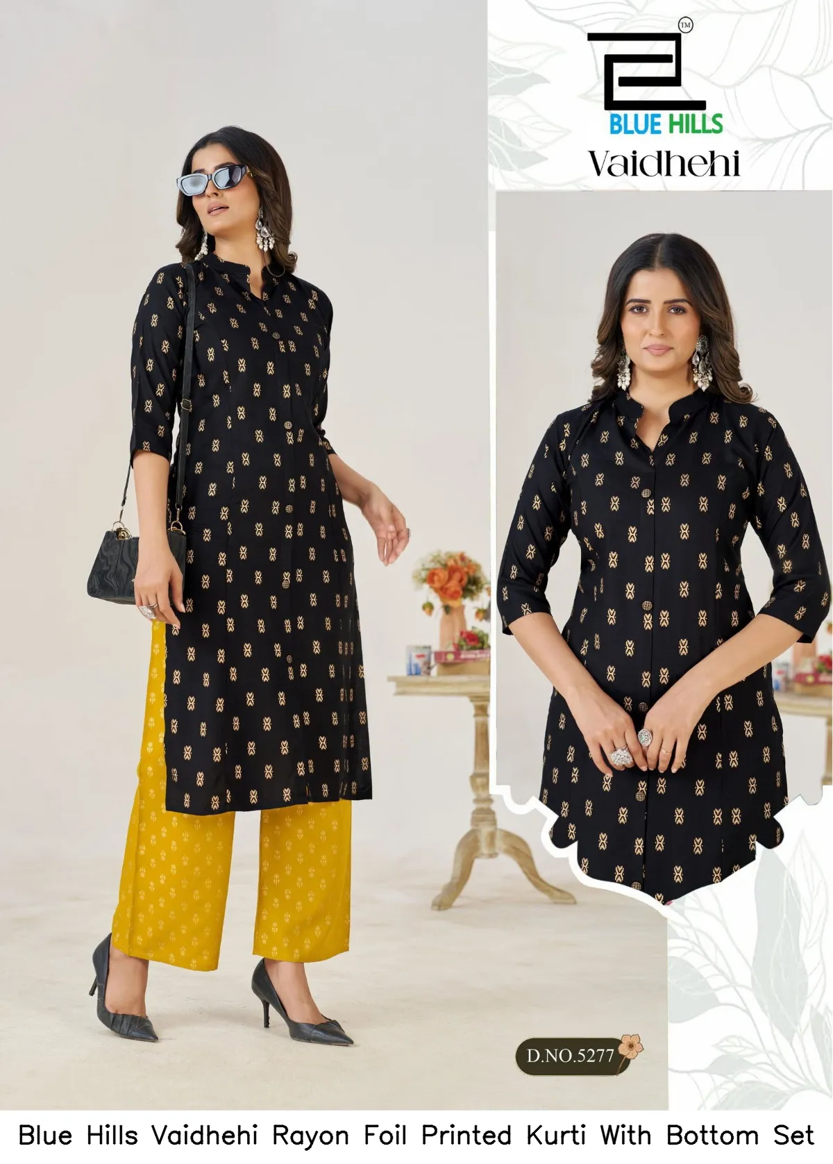 Blue Hills Vaidhehi Rayon Foil Printed Kurti With Bottom Set — Wholesale Cotton Kurti Pant Set, Blue Hills wholesale from Surat - Gallery Image 4