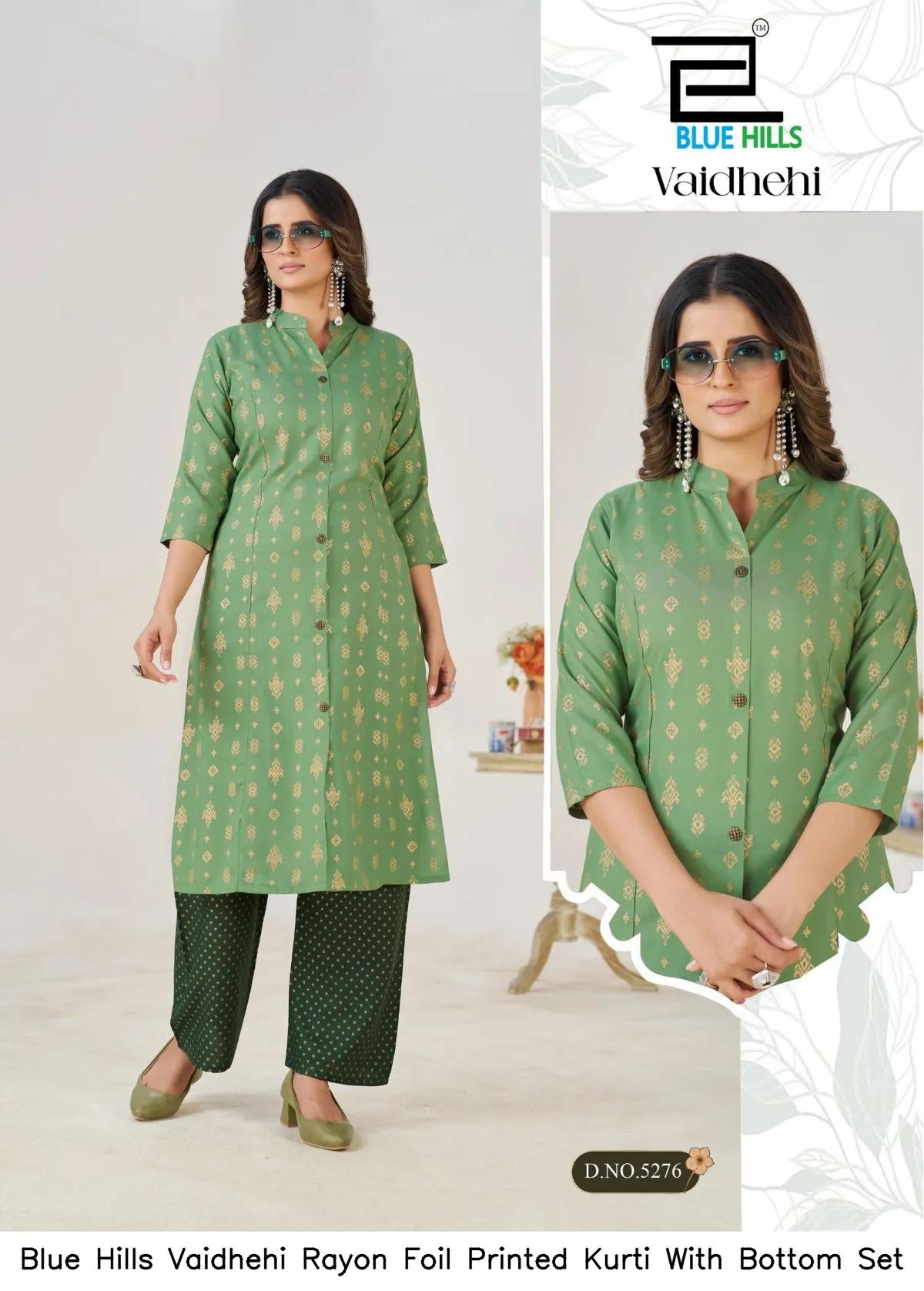 Blue Hills Vaidhehi Rayon Foil Printed Kurti With Bottom Set — Wholesale Cotton Kurti Pant Set, Blue Hills wholesale from Surat - Gallery Image 5