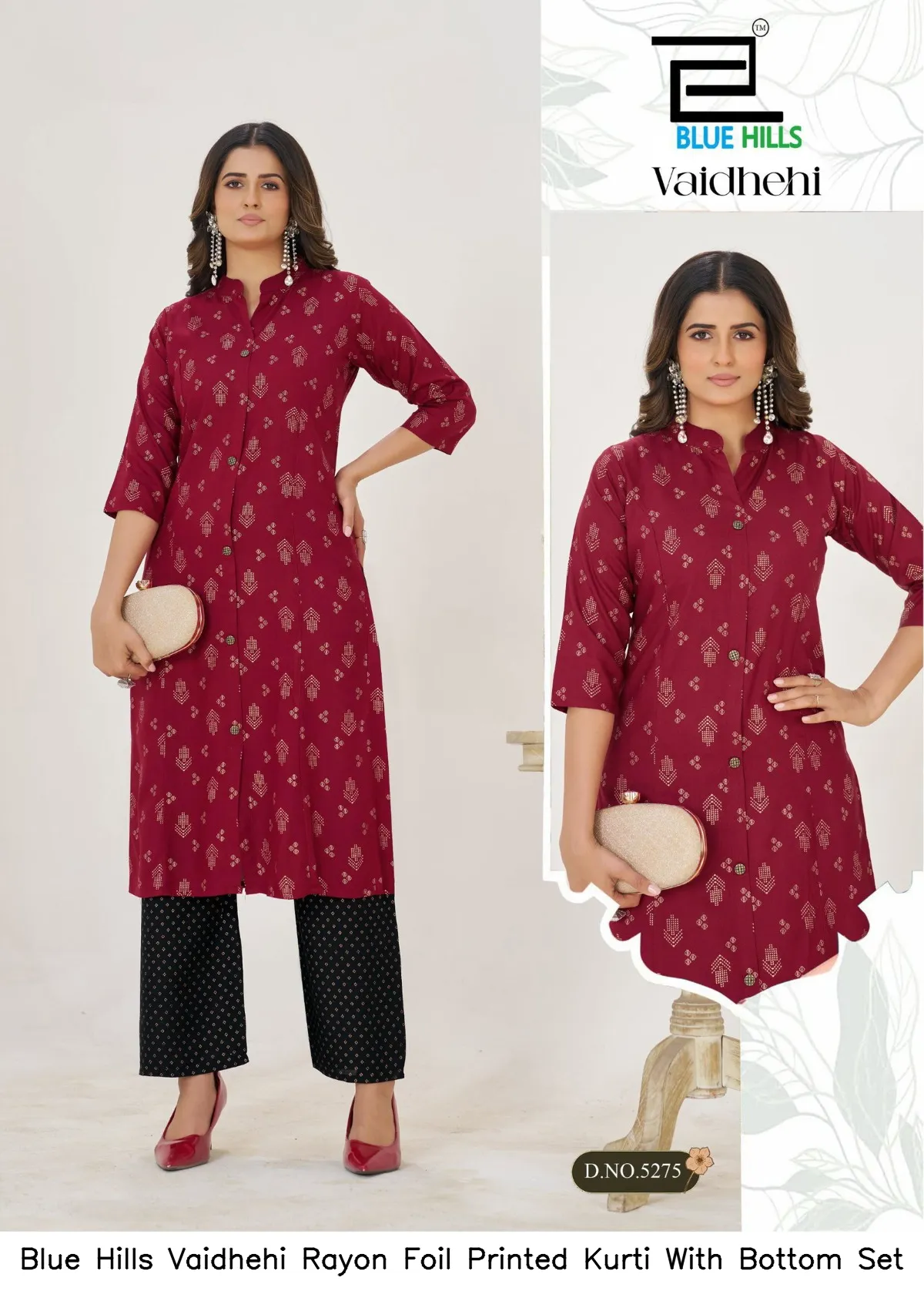 Blue Hills Vaidhehi Rayon Foil Printed Kurti With Bottom Set — Wholesale Cotton Kurti Pant Set, Blue Hills wholesale from Surat — view 6