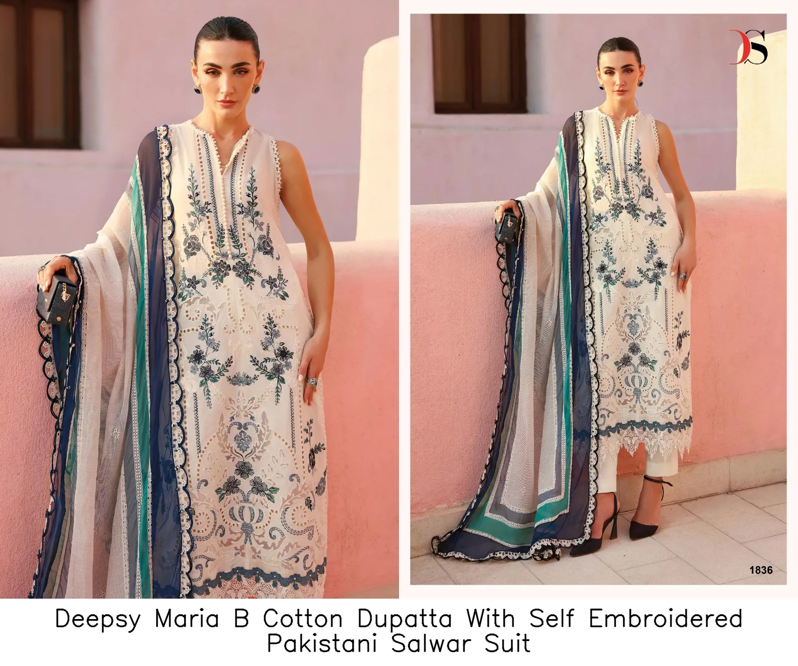 Deepsy Maria B Cotton Dupatta With Self Embroidered Pakistani Salwar Suit — Wholesale Pakistani Suits, Deepsy wholesale from Surat — view 2