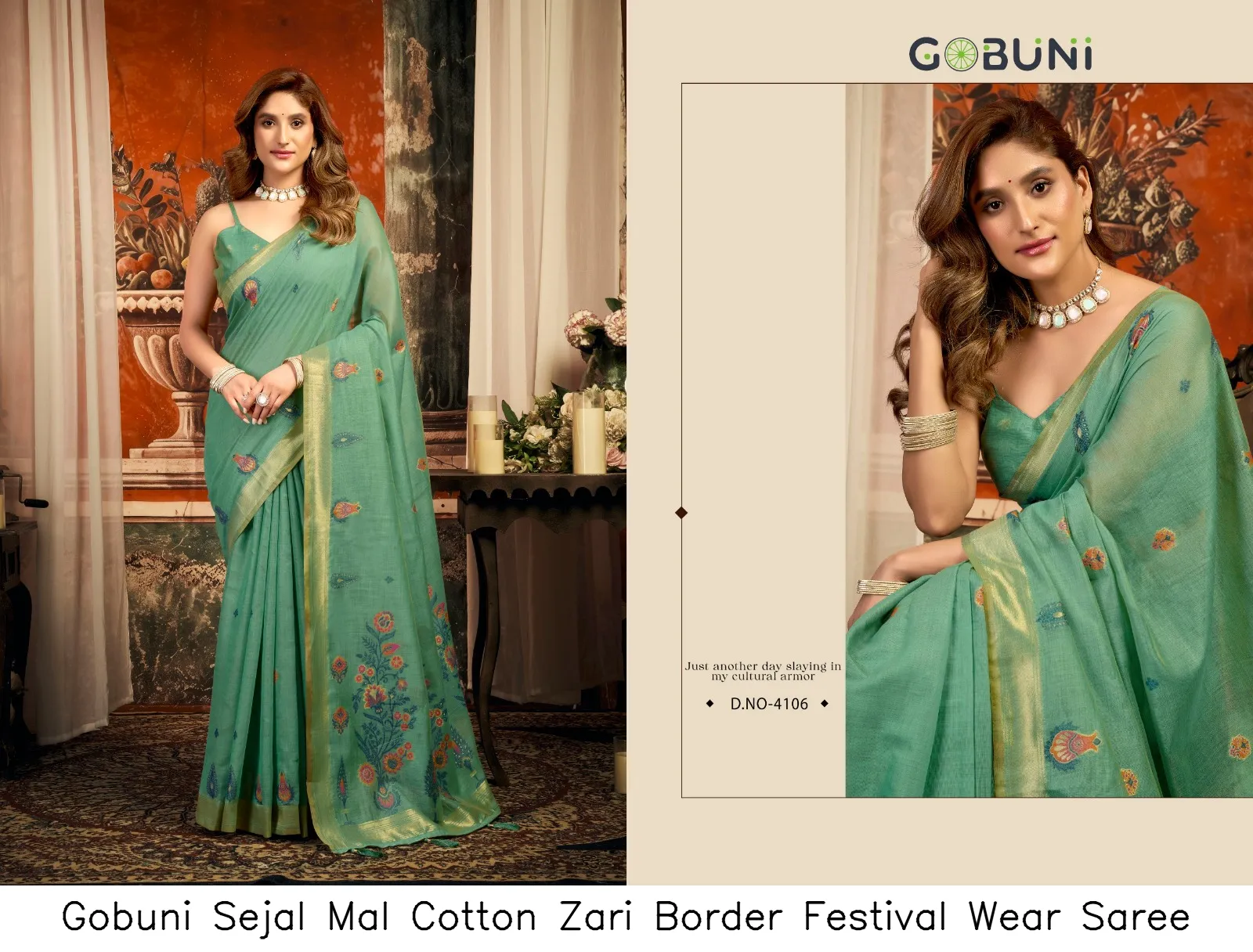 Gobuni Sejal Mal Cotton Zari Border Festival Wear Saree — Wholesale Sarees, Gobuni wholesale from Surat — view 3