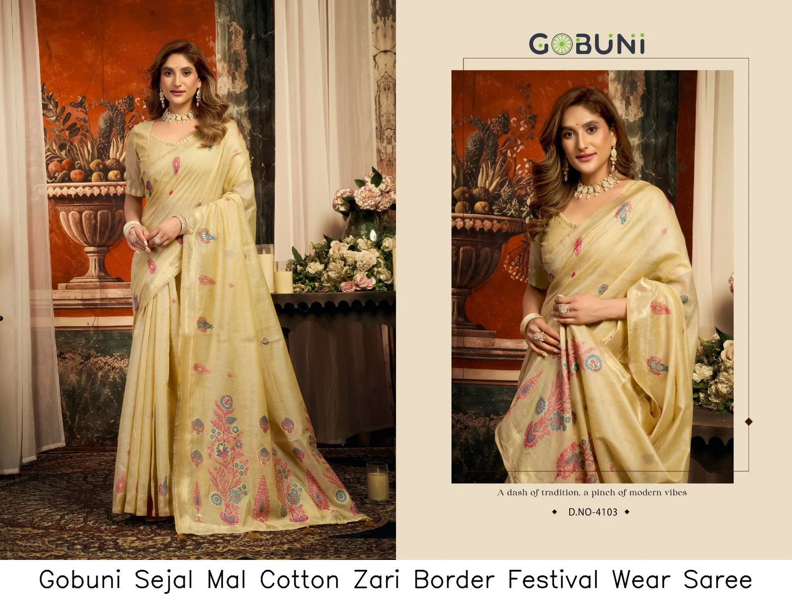 Gobuni Sejal Mal Cotton Zari Border Festival Wear Saree — Wholesale Sarees, Gobuni wholesale from Surat — view 5