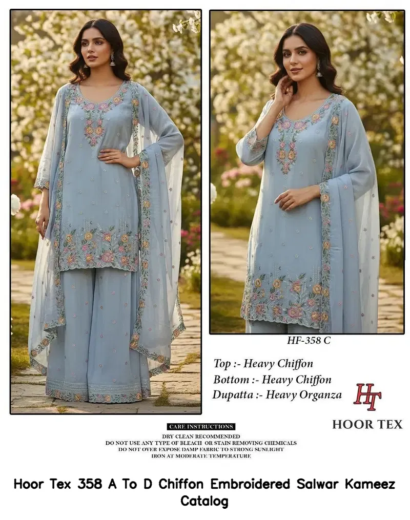 Hoor Tex 358 A To D Chiffon Embroidered Salwar Kameez Catalog — Wholesale Readymade Pakistani Suits, hoor Tex wholesale from Surat — view 2