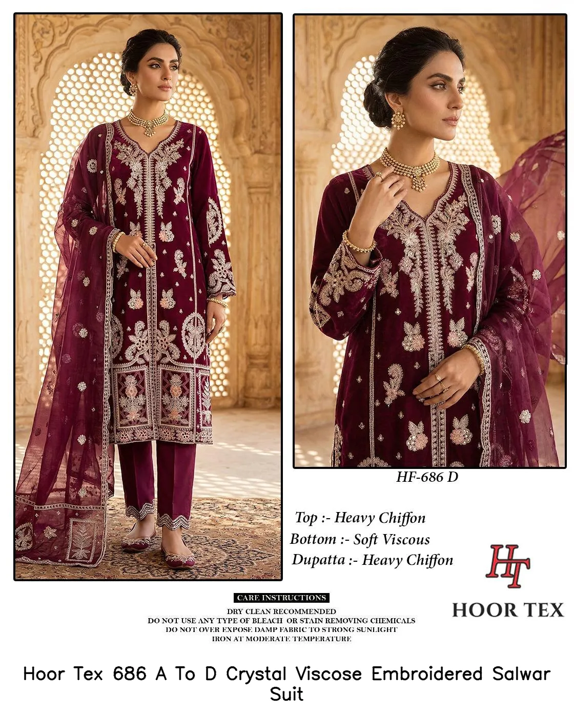 Hoor Tex 686 A To D Crystal Viscose Embroidered Salwar Suit — Details Attached, Wholesale Readymade Pakistani Suits, hoor Tex wholesale from Surat — view 3