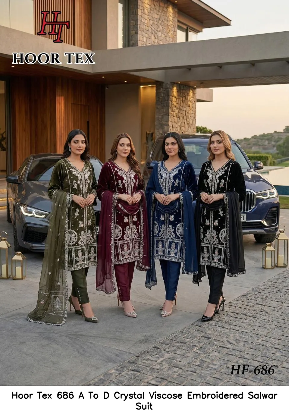 Hoor Tex 686 A To D Crystal Viscose Embroidered Salwar Suit — Details Attached, Wholesale Readymade Pakistani Suits, hoor Tex wholesale from Surat — view 4
