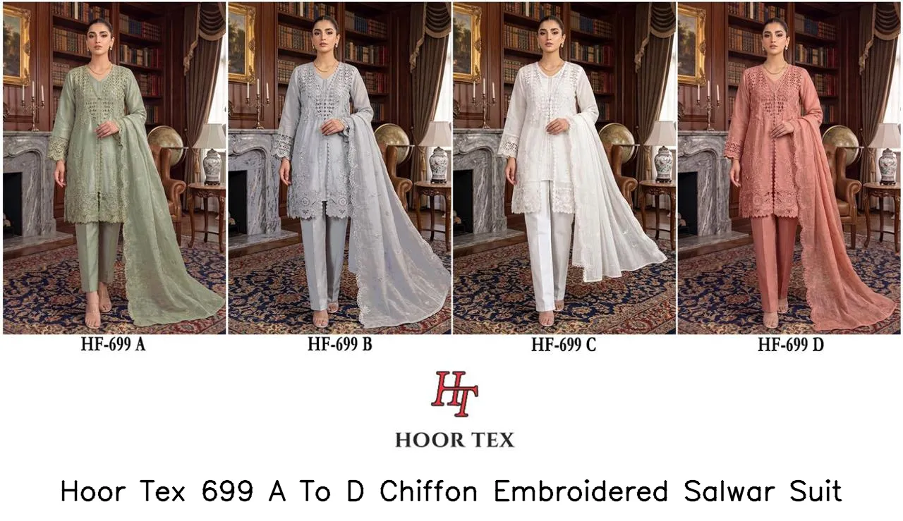 Hoor Tex 699 A To D Chiffon Embroidered Salwar Suit — Wholesale Readymade Pakistani Suits, hoor Tex wholesale from Surat — view 3