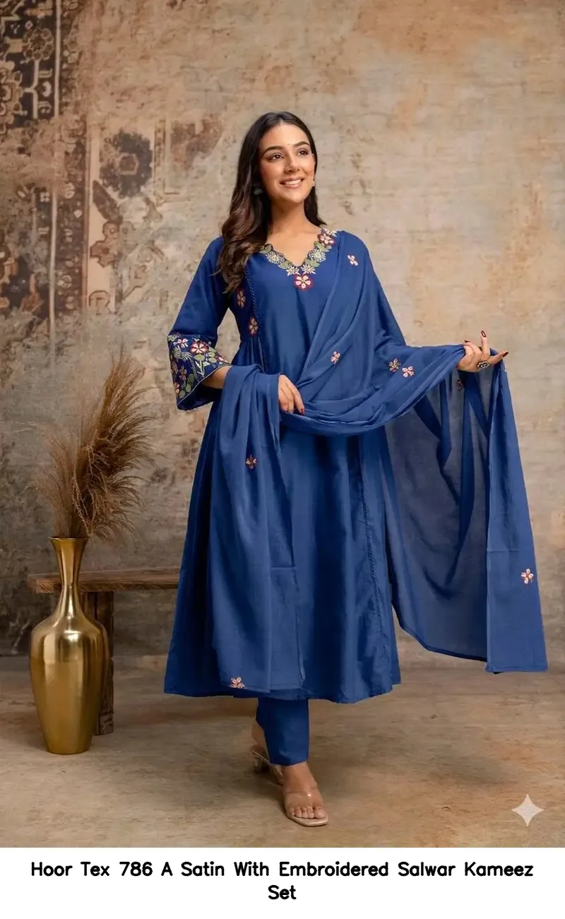 Hoor Tex 786 A Satin With Embroidered Salwar Kameez Set — Wholesale Kurti With Bottom Dupatta, hoor Tex wholesale from Surat — Photo 2