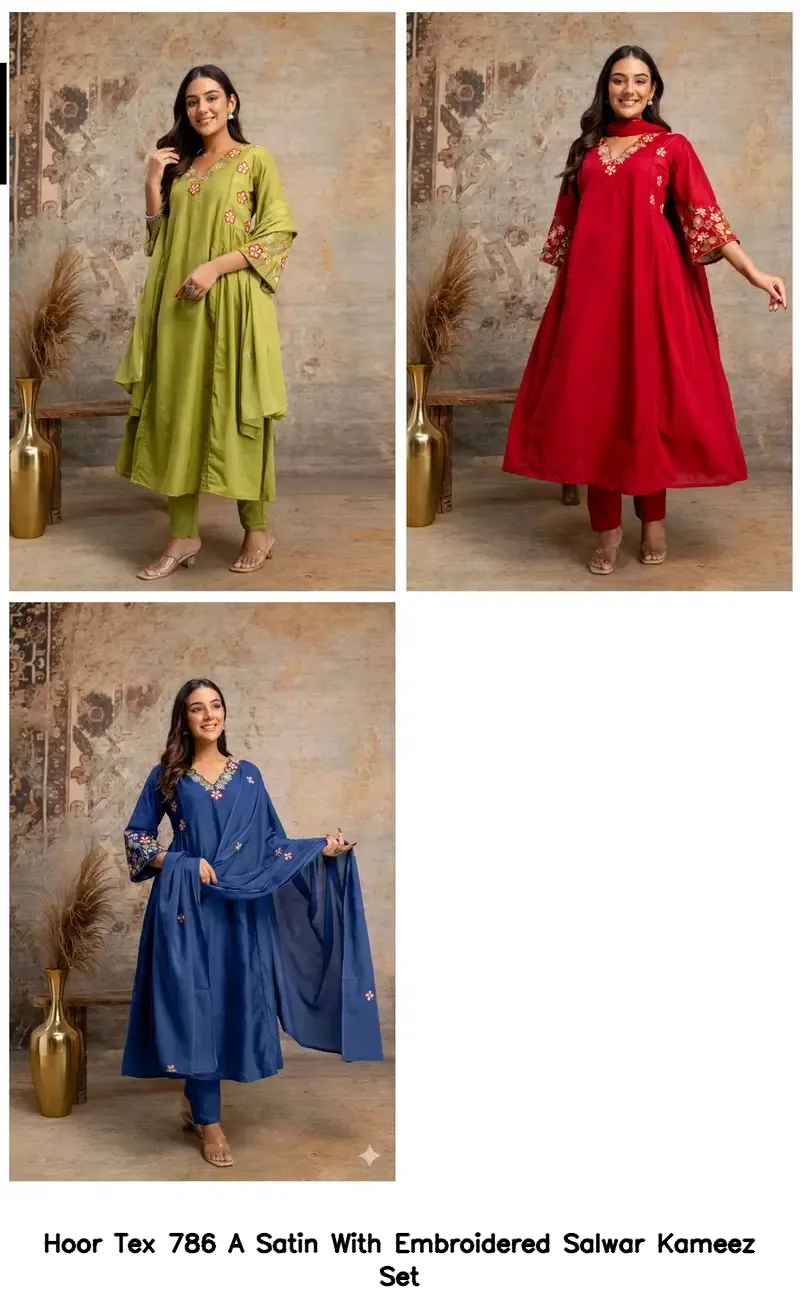 Hoor Tex 786 A Satin With Embroidered Salwar Kameez Set — Wholesale Kurti With Bottom Dupatta, hoor Tex wholesale from Surat — Photo 3