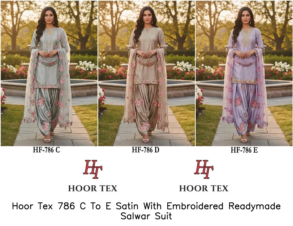 Hoor Tex 786 C To E Satin With Embroidered Readymade Salwar Suit — Details Attached, Wholesale Readymade Pakistani Suits, hoor Tex wholesale from Surat — view 2