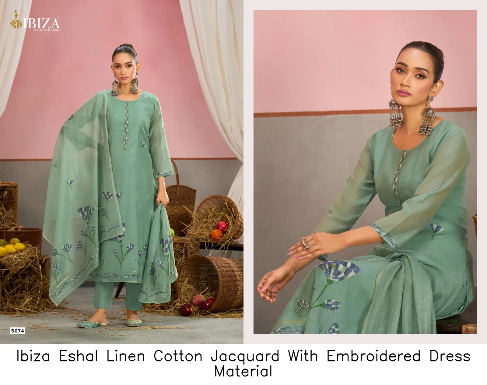 Ibiza Eshal Linen Cotton Jacquard With Embroidered  Dress Material — Wholesale Dress Material, Ibiza wholesale from Surat — view 2