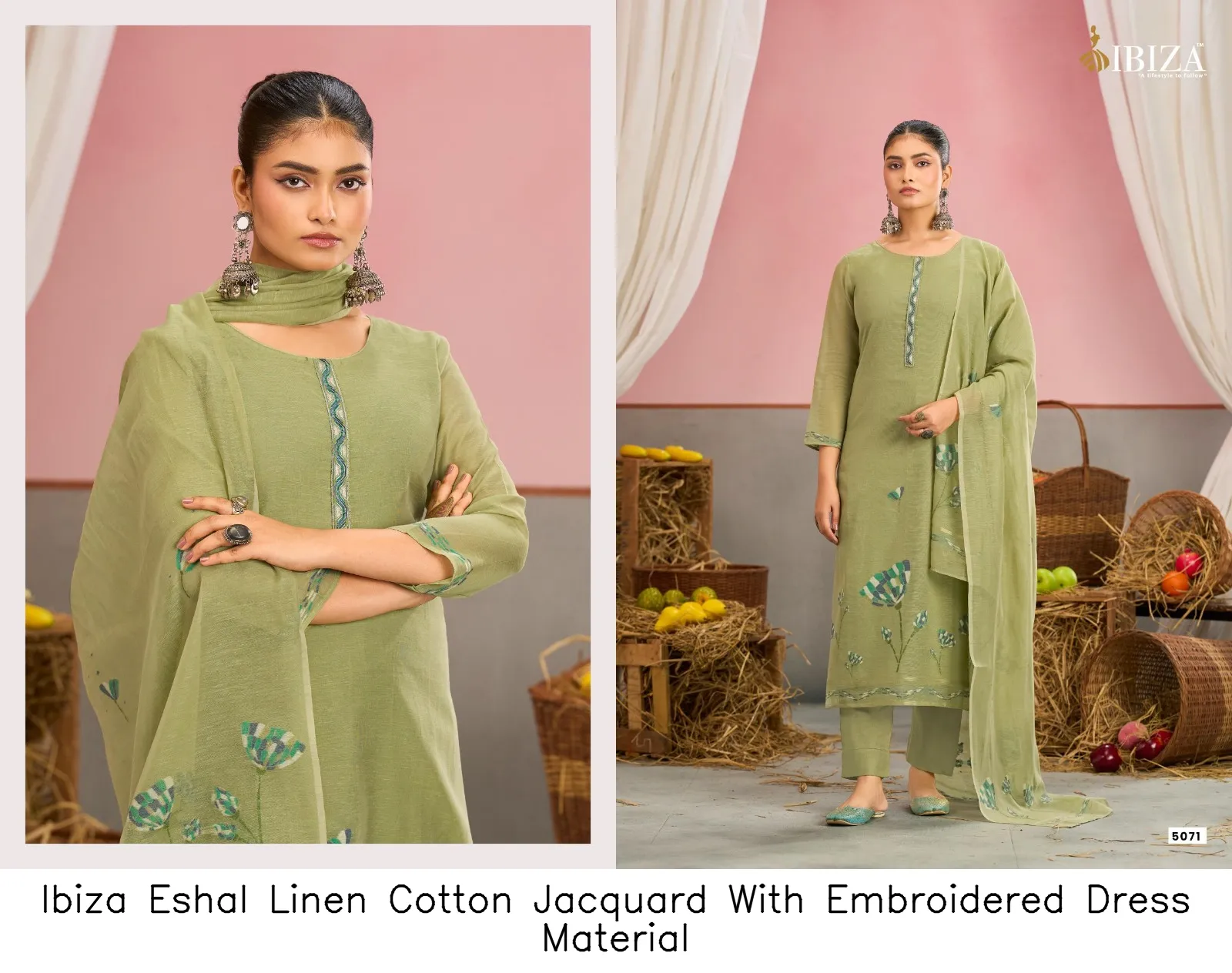 Ibiza Eshal Linen Cotton Jacquard With Embroidered  Dress Material — Wholesale Dress Material, Ibiza wholesale from Surat — view 5