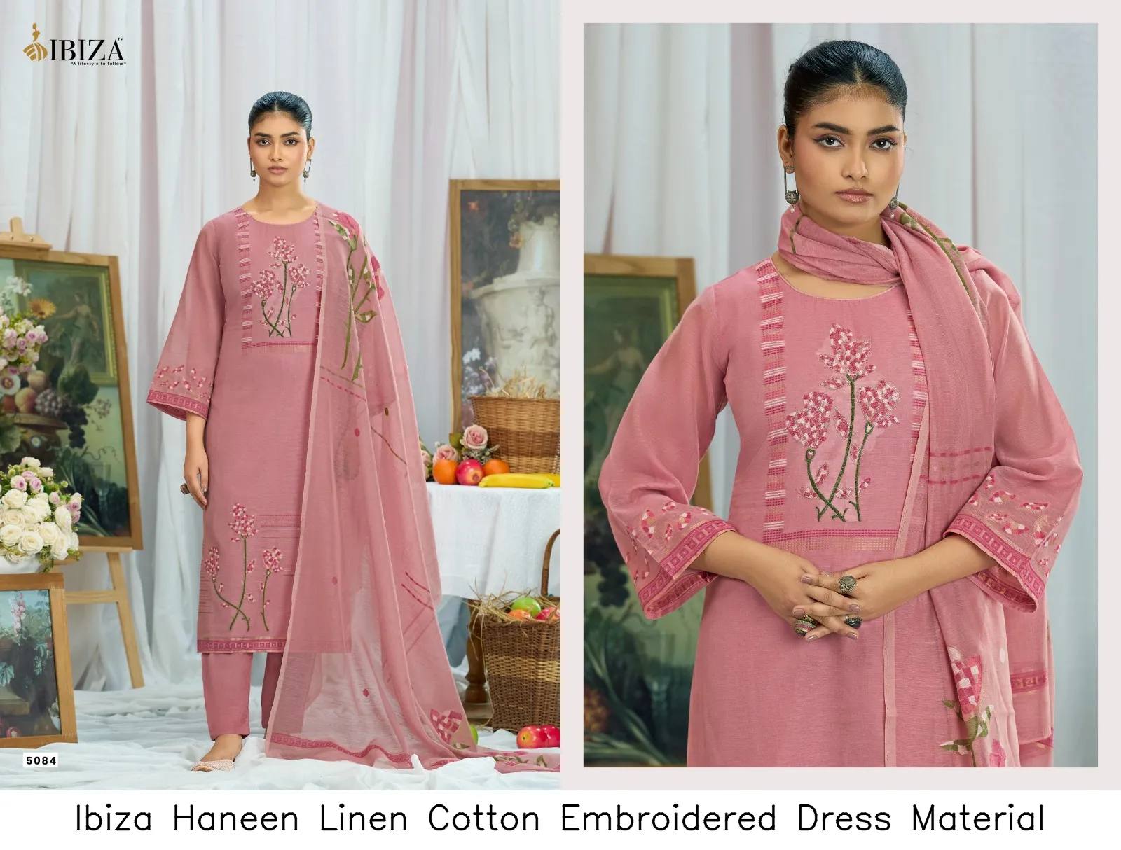 Ibiza Haneen Linen Cotton Embroidered  Dress Material — Wholesale Dress Material, Ibiza wholesale from Surat — view 4