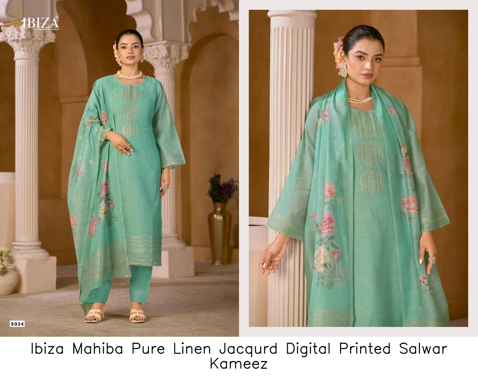 Ibiza Mahiba Pure Linen Jacqurd Digital Printed Salwar Kameez — Wholesale Dress Material, Ibiza wholesale from Surat — view 3