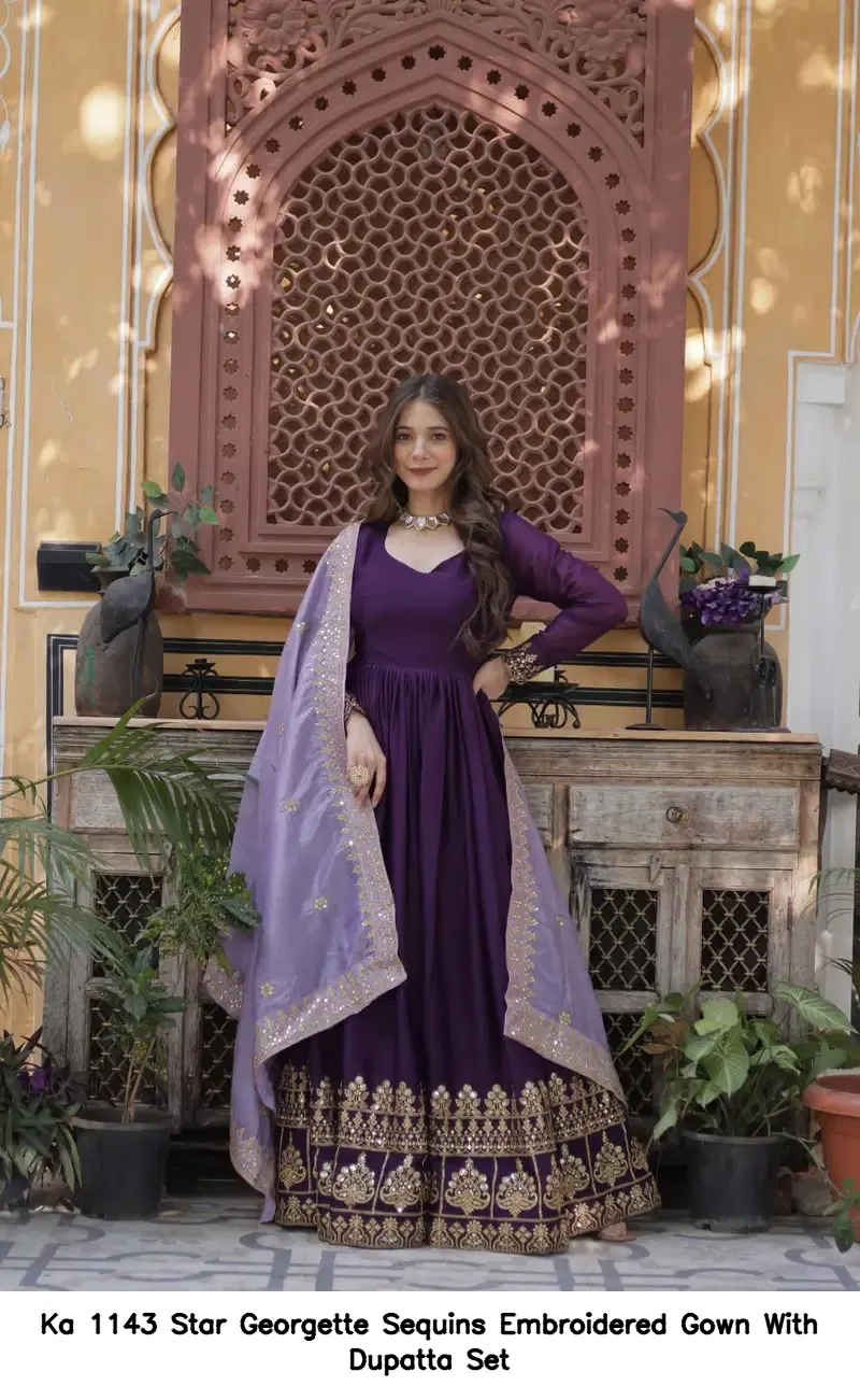 Ka 1143 Star Georgette Sequins Embroidered Gown With Dupatta Set — Wholesale Anarkali Kurti, Vardan Ethnic wholesale from Surat — view 4