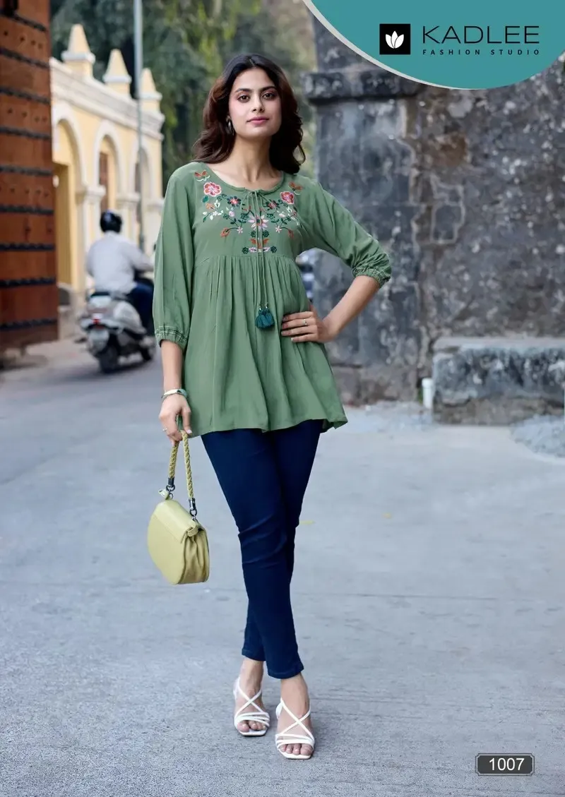Kadlee Crystal Vol 2 Rayon Wrinkal Hand Wokred Short Kurti