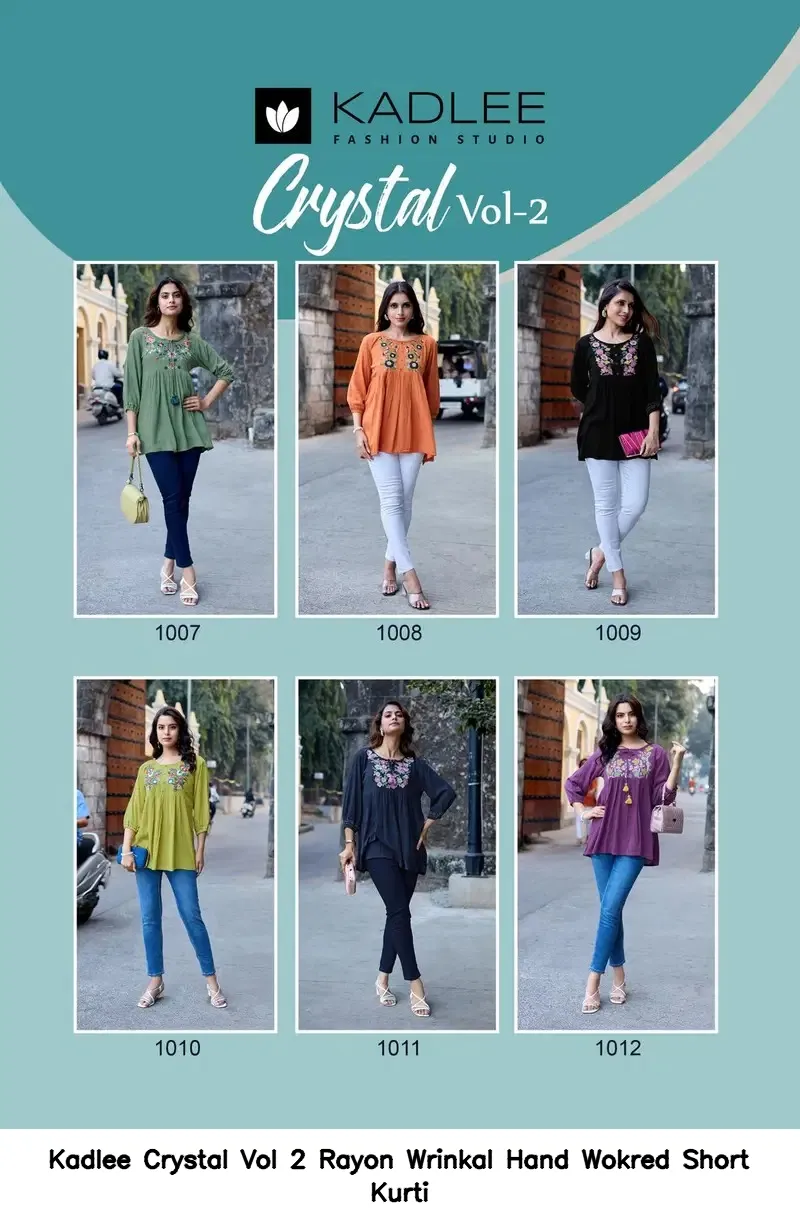 Kadlee Crystal Vol 2 Rayon Wrinkal Hand Wokred Short Kurti — Rayon Kurti, Kadlee Fashion Studio wholesale from Surat - Gallery Image 2