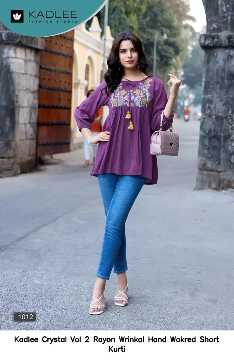 Kadlee Crystal Vol 2 Rayon Wrinkal Hand Wokred Short Kurti — Rayon Kurti, Kadlee Fashion Studio wholesale from Surat - Gallery Image 3