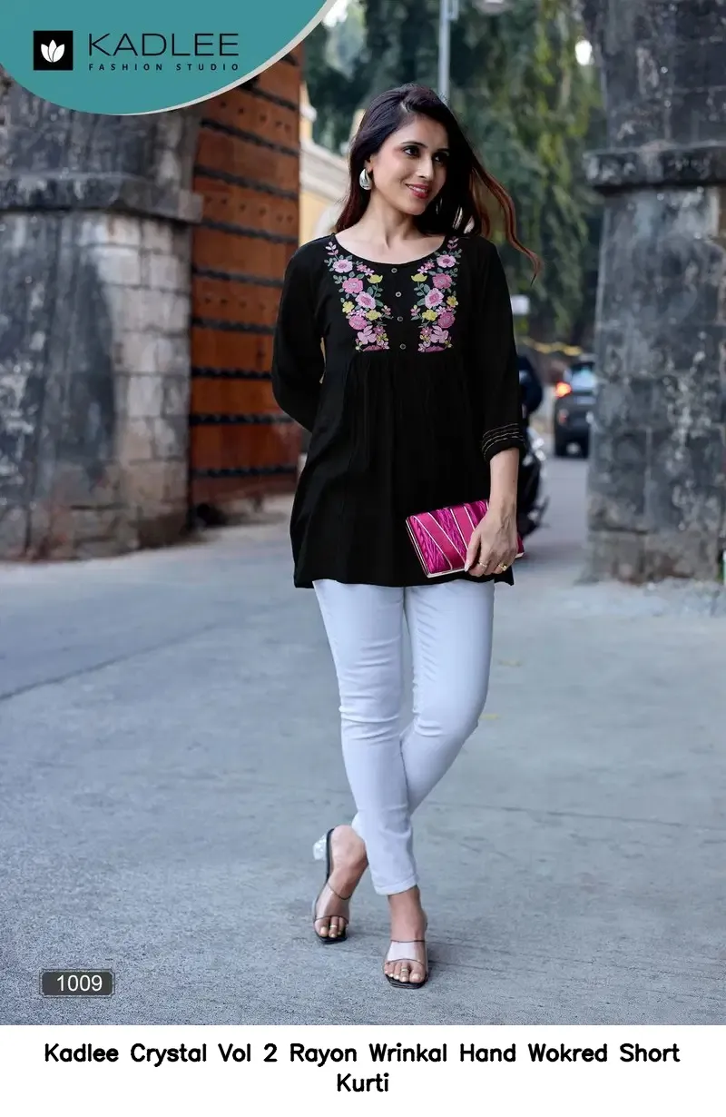 Kadlee Crystal Vol 2 Rayon Wrinkal Hand Wokred Short Kurti — Rayon Kurti, Kadlee Fashion Studio wholesale from Surat - Gallery Image 4