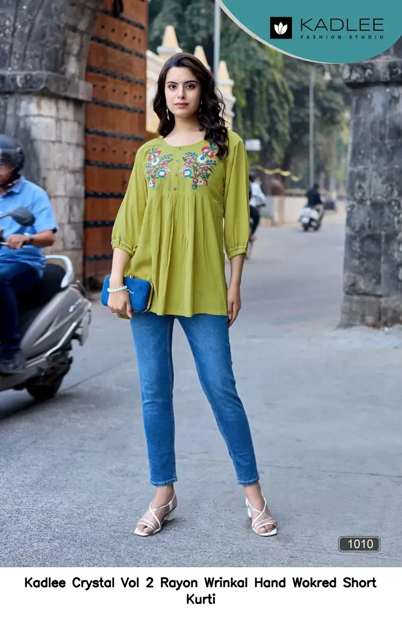 Kadlee Crystal Vol 2 Rayon Wrinkal Hand Wokred Short Kurti — Rayon Kurti, Kadlee Fashion Studio wholesale from Surat - Gallery Image 5