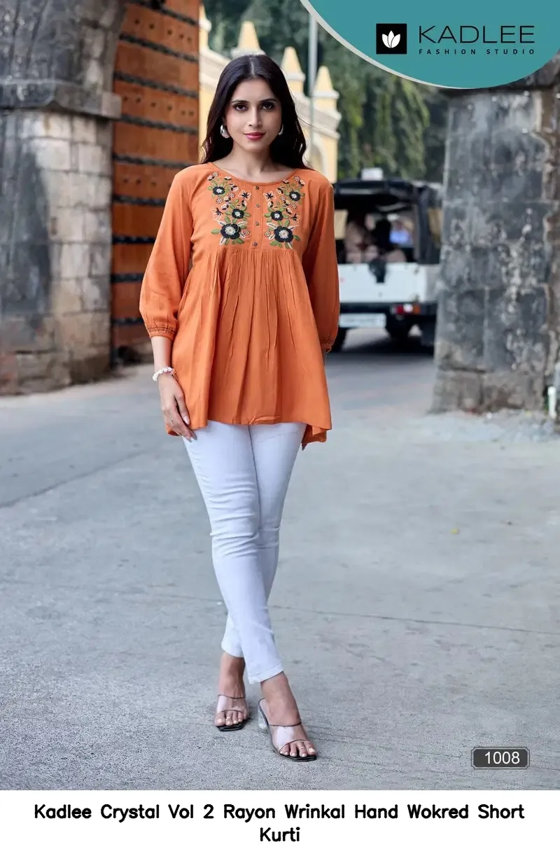 Kadlee Crystal Vol 2 Rayon Wrinkal Hand Wokred Short Kurti — Rayon Kurti, Kadlee Fashion Studio wholesale from Surat — view 6