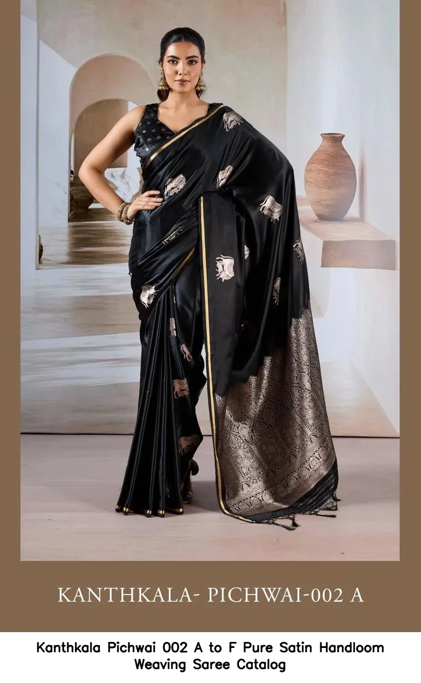 Kanthkala Pichwai 002 A to F Pure Satin Handloom Weaving Saree Catalog — Wholesale Sarees, Kanthkala wholesale from Surat - Gallery Image 4