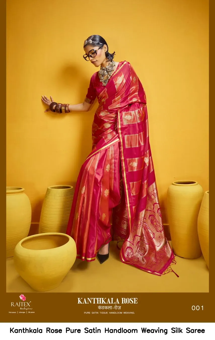 Kanthkala Rose Pure Satin Handloom Weaving Silk Saree — Wholesale Sarees, Kanthkala wholesale from Surat — view 3