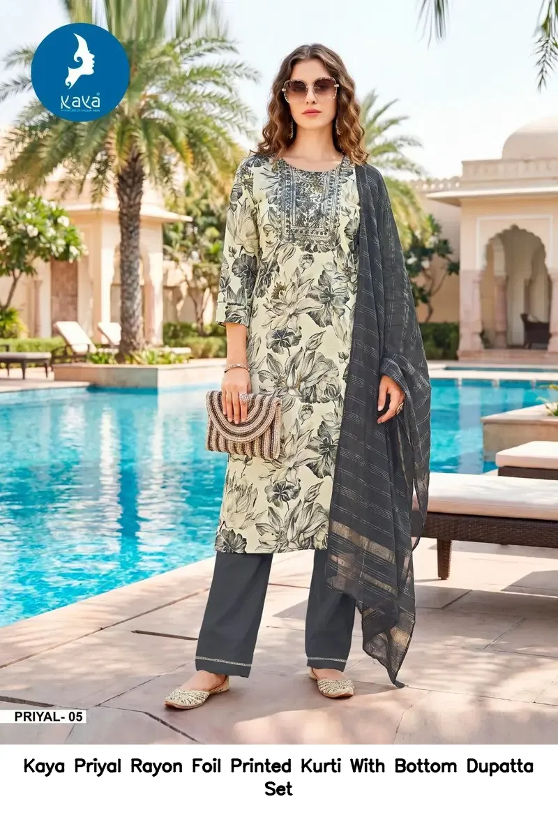 Kaya Priyal Rayon Foil Printed Kurti With Bottom Dupatta Set — Wholesale Kurti With Bottom Dupatta, Kaya wholesale from Surat — view 2