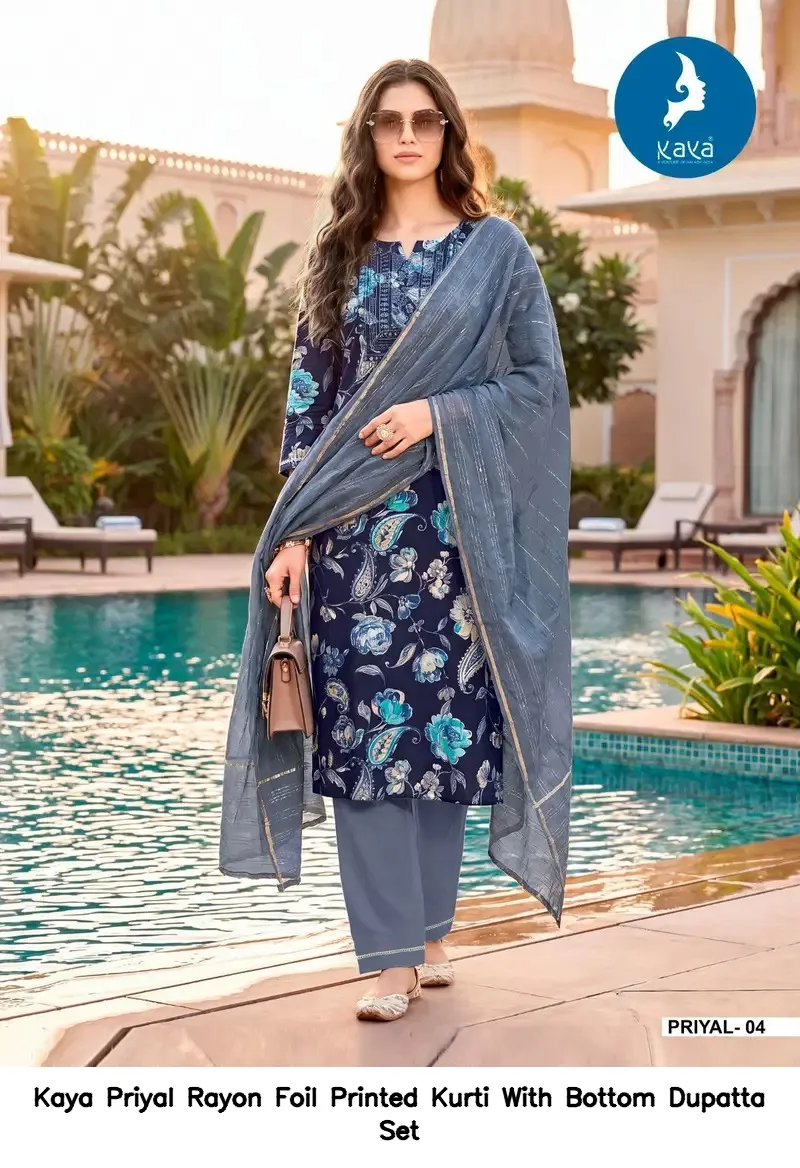 Kaya Priyal Rayon Foil Printed Kurti With Bottom Dupatta Set — Wholesale Kurti With Bottom Dupatta, Kaya wholesale from Surat — view 3