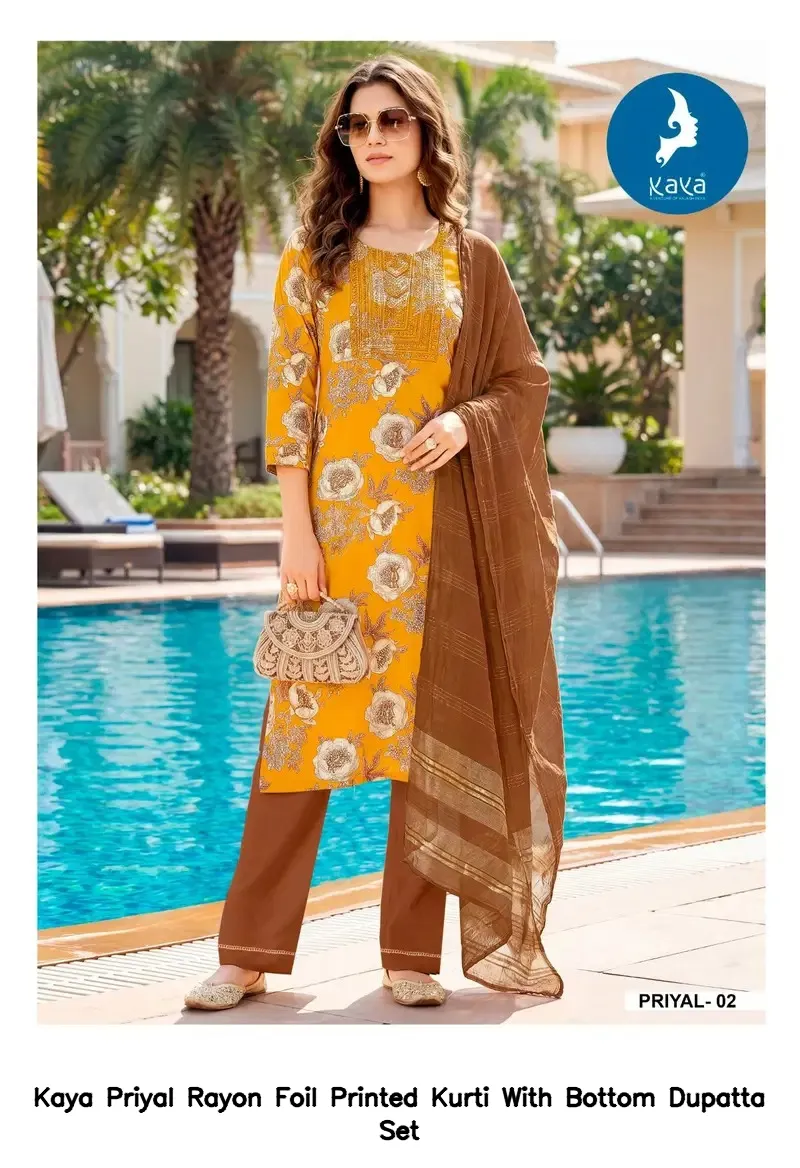 Kaya Priyal Rayon Foil Printed Kurti With Bottom Dupatta Set — Wholesale Kurti With Bottom Dupatta, Kaya wholesale from Surat — view 4