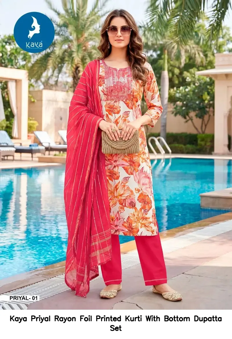 Kaya Priyal Rayon Foil Printed Kurti With Bottom Dupatta Set — Wholesale Kurti With Bottom Dupatta, Kaya wholesale from Surat — view 5