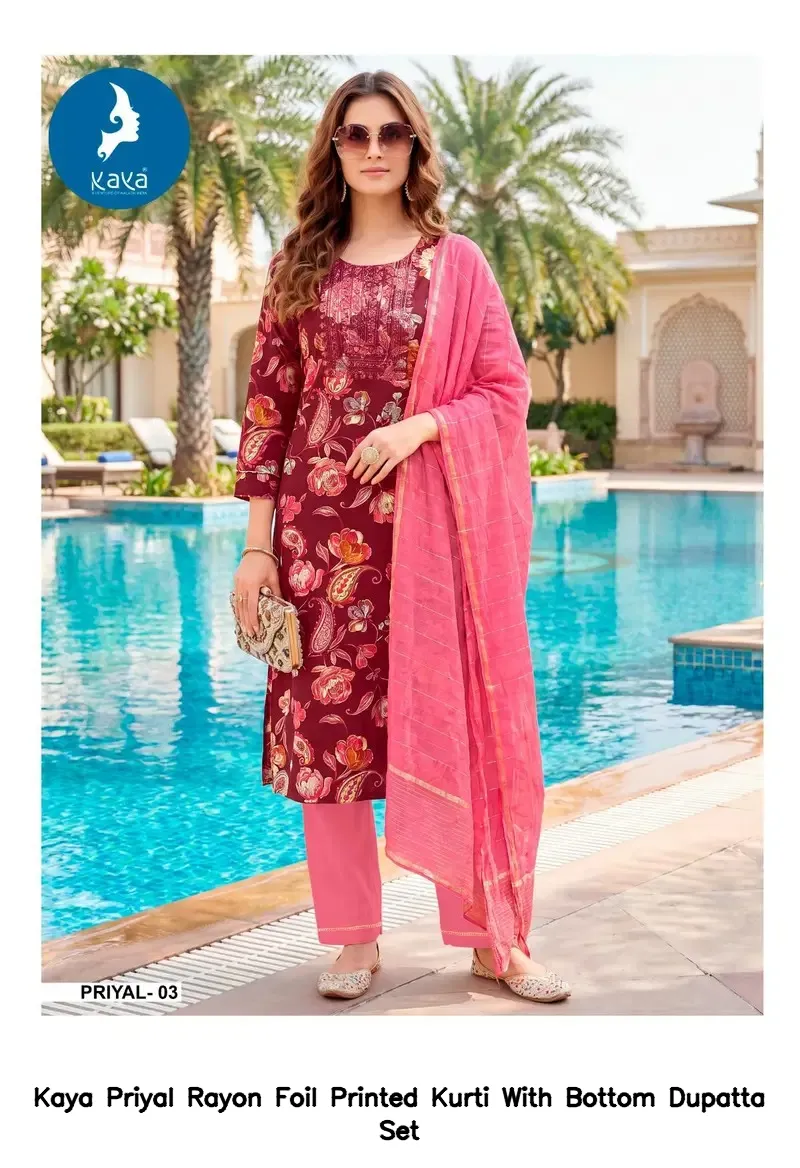 Kaya Priyal Rayon Foil Printed Kurti With Bottom Dupatta Set — Wholesale Kurti With Bottom Dupatta, Kaya wholesale from Surat — view 6