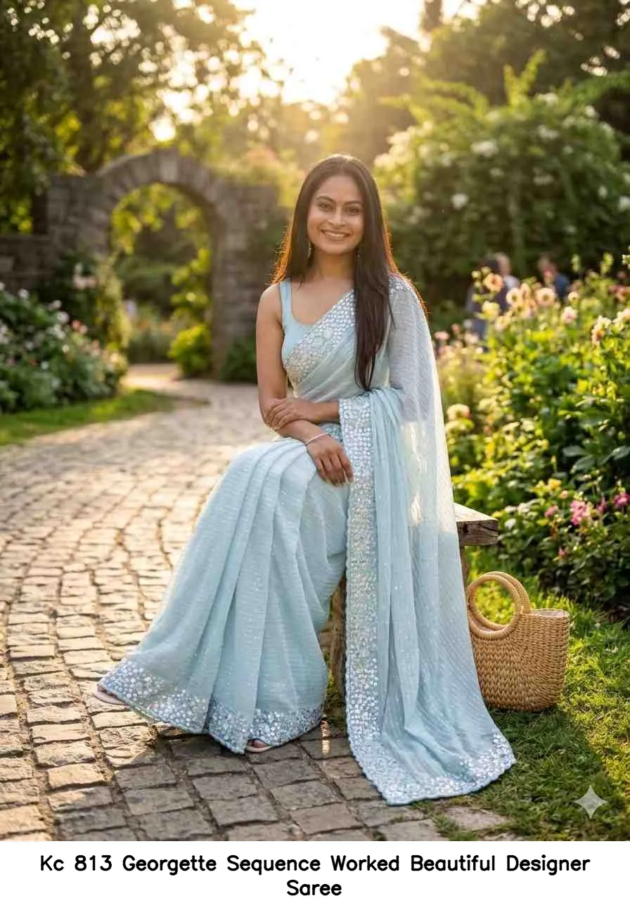 Kc 813 Georgette Sequence Worked Beautiful Designer Saree — Wholesale Sarees, Kc wholesale from Surat — view 9