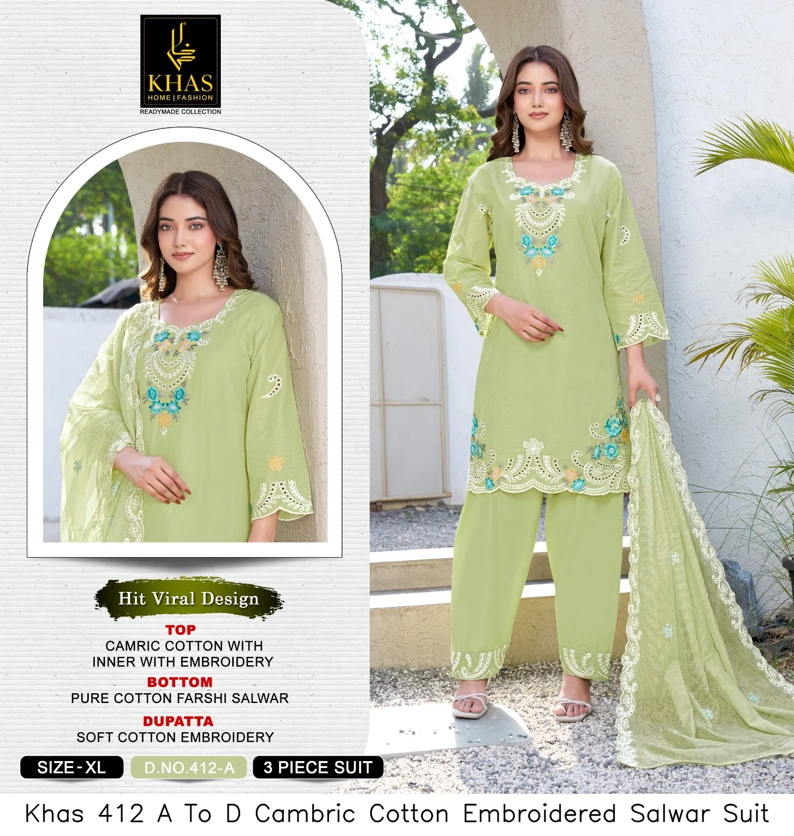 Khas 412 A To D Cambric Cotton Embroidered Salwar Suit — Wholesale Readymade Pakistani Suits, Khas wholesale from Surat — view 2
