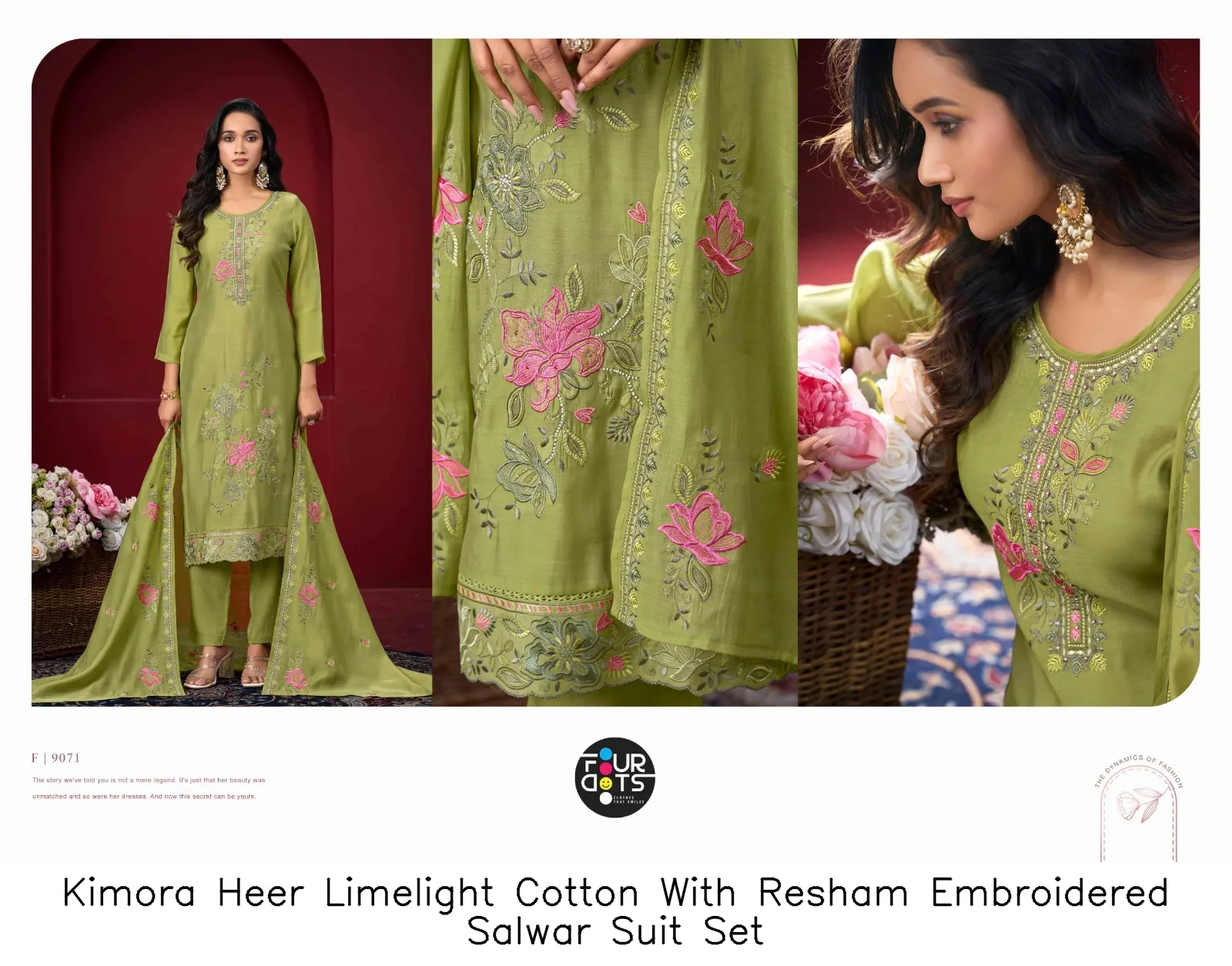 Kimora Heer Limelight Cotton With Resham Embroidered Salwar Suit Set — Cotton Dress Material, Kimora wholesale from Surat — view 4
