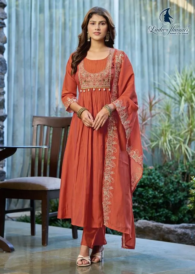 Ladies Flavour 3367 To 3370 Mull Chanderi Embroidery Readymade Suit — Wholesale Salwar Suits, Ladies Flavour wholesale from Surat — view 1