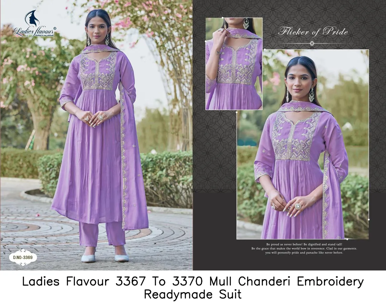 Ladies Flavour 3367 To 3370 Mull Chanderi Embroidery Readymade Suit — Wholesale Salwar Suits, Ladies Flavour wholesale from Surat - Gallery Image 2