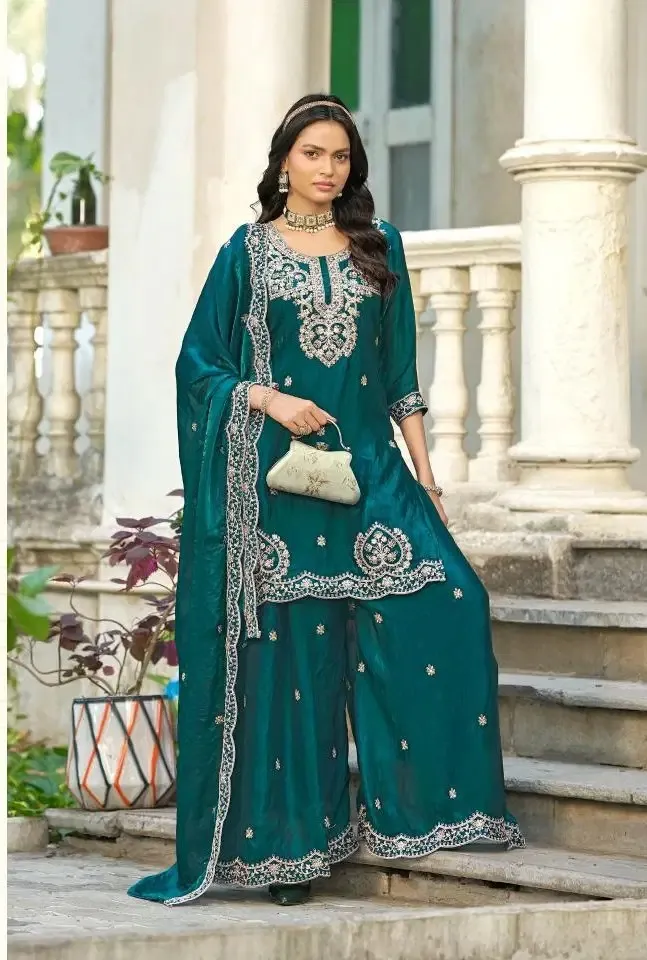 Ladies Flavour 3408 To 3410 Fendy Satin Embroidered Kurti With Bottom Dupatta Set
