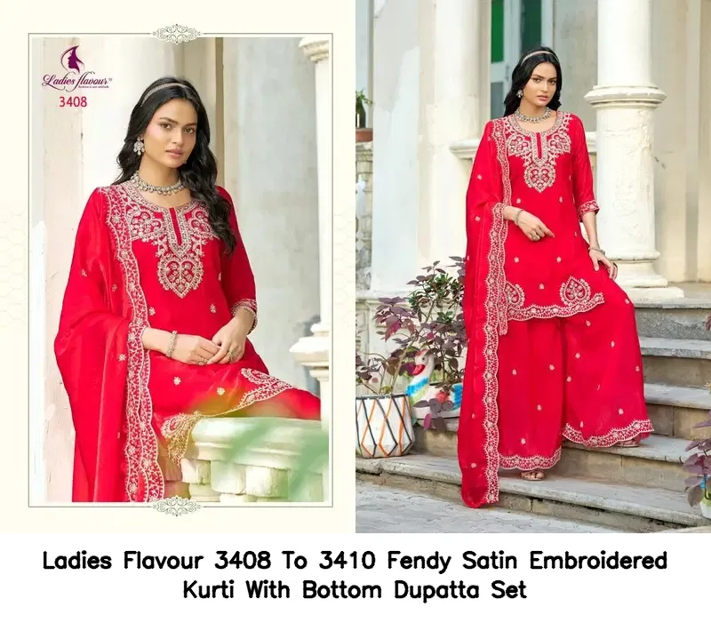 Ladies Flavour 3408 To 3410 Fendy Satin Embroidered Kurti With Bottom Dupatta Set — Wholesale Salwar Suits, Ladies Flavour wholesale from Surat - Gallery Image 2