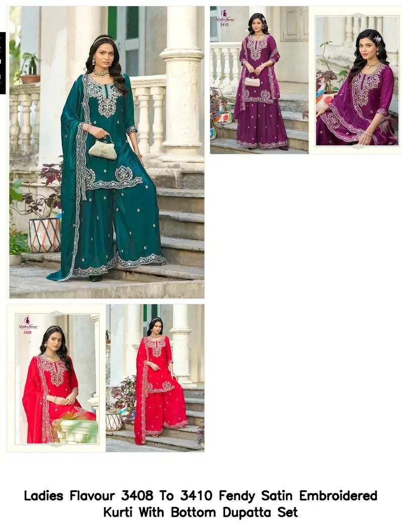 Ladies Flavour 3408 To 3410 Fendy Satin Embroidered Kurti With Bottom Dupatta Set — Wholesale Salwar Suits, Ladies Flavour wholesale from Surat - Gallery Image 3