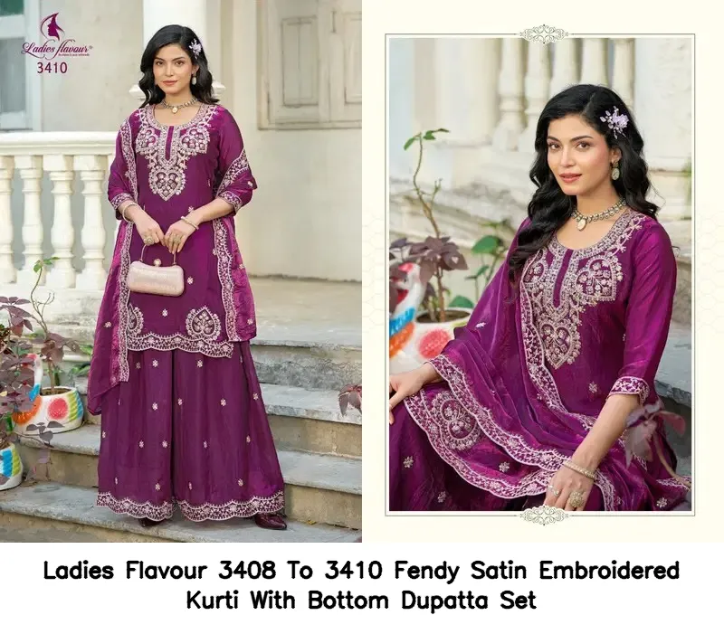 Ladies Flavour 3408 To 3410 Fendy Satin Embroidered Kurti With Bottom Dupatta Set — Wholesale Salwar Suits, Ladies Flavour wholesale from Surat — view 4
